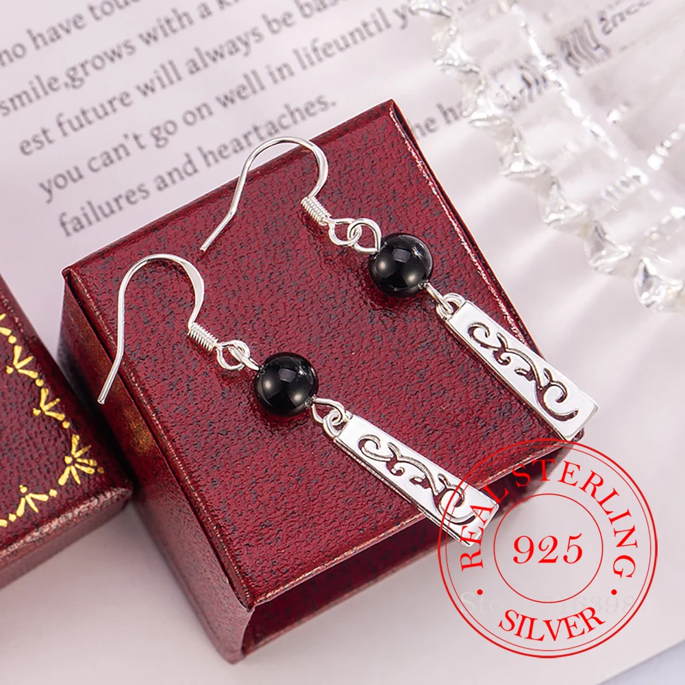 925 Sterling Silver C-shaped Semicircle Black Onyx Balls Stud Earrings For Women Wedding Party Gift Female Pendientes Mujer Moda