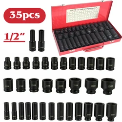 Deep Duty Impact Sockets Werkzeugset, Garagenschlüsselkopf, 8–32 mm, Autoreparaturwerkzeuge mit Koffer, Werkstattwerkzeuge, 1, 2 Zoll Antrieb, 35 Stück