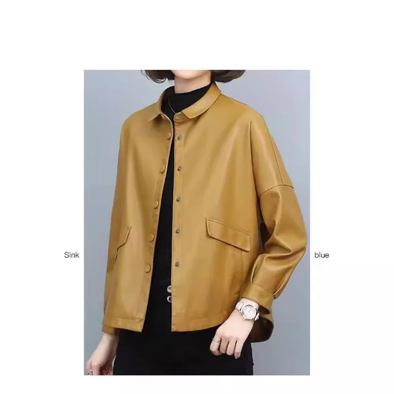 Jaqueta de couro feminina lapelas único breasted emendado bolso jaqueta primavera outono estilo fino moda tamanho grande casaco feminino