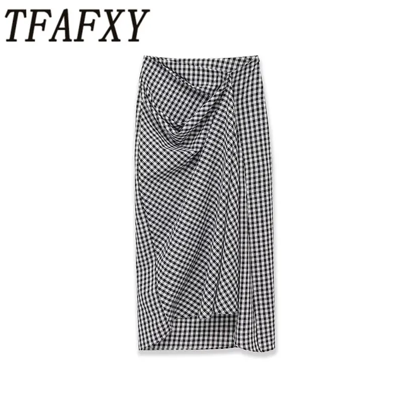 

TFAFXY 2026 Весенняя элегантная женская юбка в клетку с принтом, на молнии, с высокой талией, плиссированная, асимметричная, миди, длинная