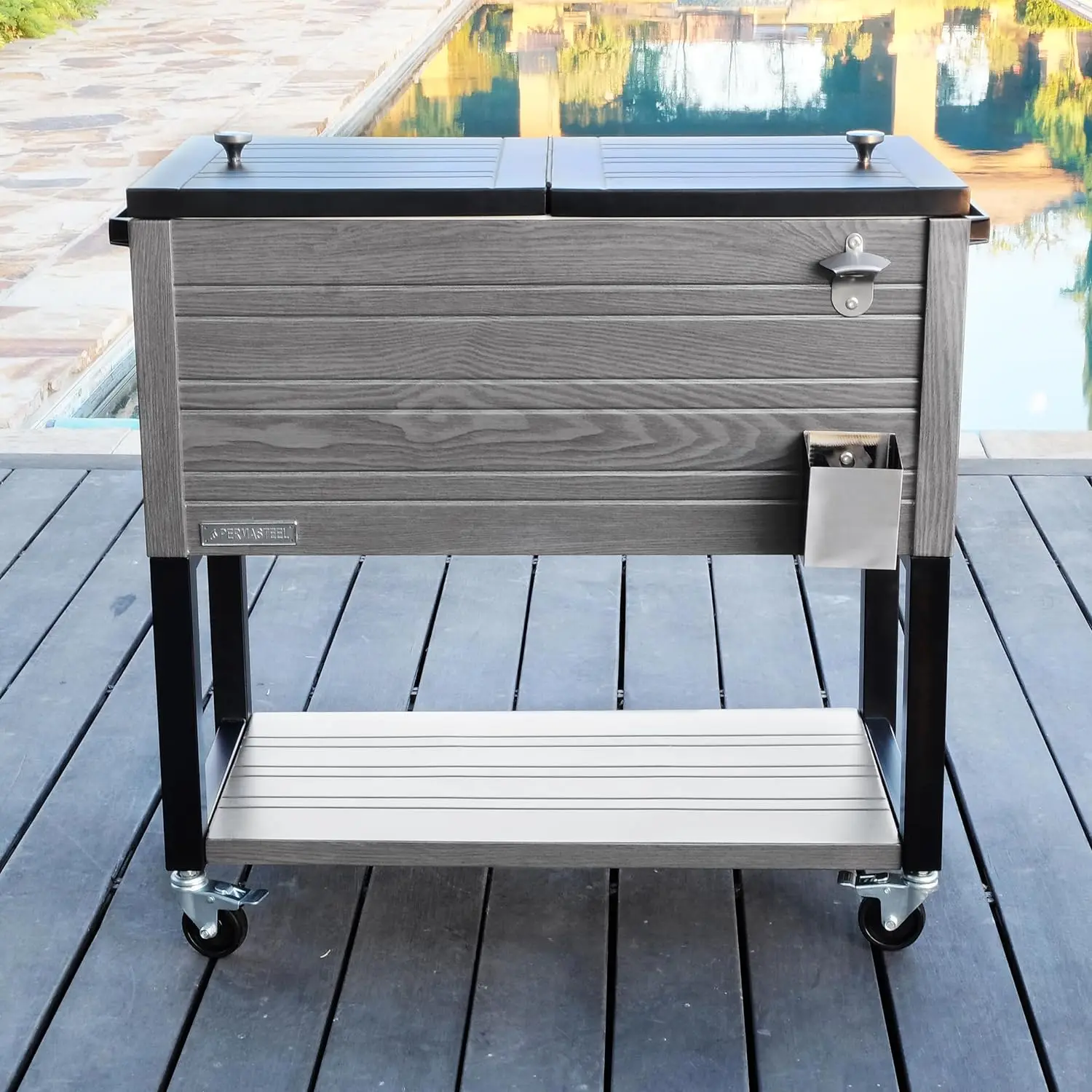 80-Quart Outdoor Patio Cooler With Wheels | Beverage Rolling Cooler For Backyard Deck, Ps-A205-80Qt-Gy, Wood Grain Accent, Gray