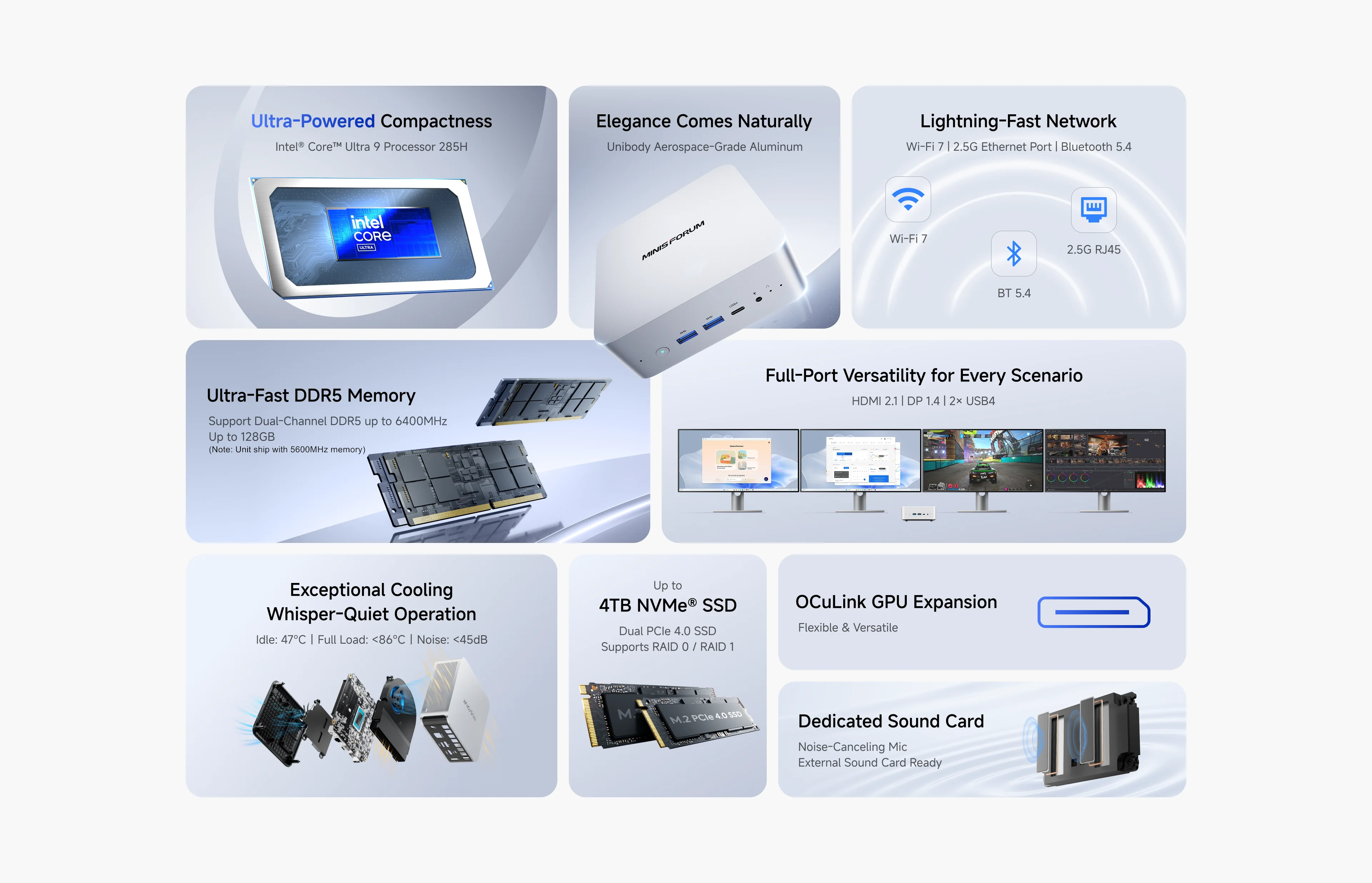 Мини-ПК MINISFORUM M1 Pro-285H AI, процессор Intel Core Ultra 9, 285H (16C/16T), USB4/RAID/OCuLink/Wi-Fi 7/BT 5,4, четырехъядерный дисплей 4K