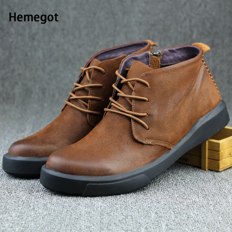 

Men's Shoes Mid-Top Cowhide Casual Leather Shoes Retro Trendy Shoes All-Match High-Top Sneakers Brown Boots Men's Short Boots