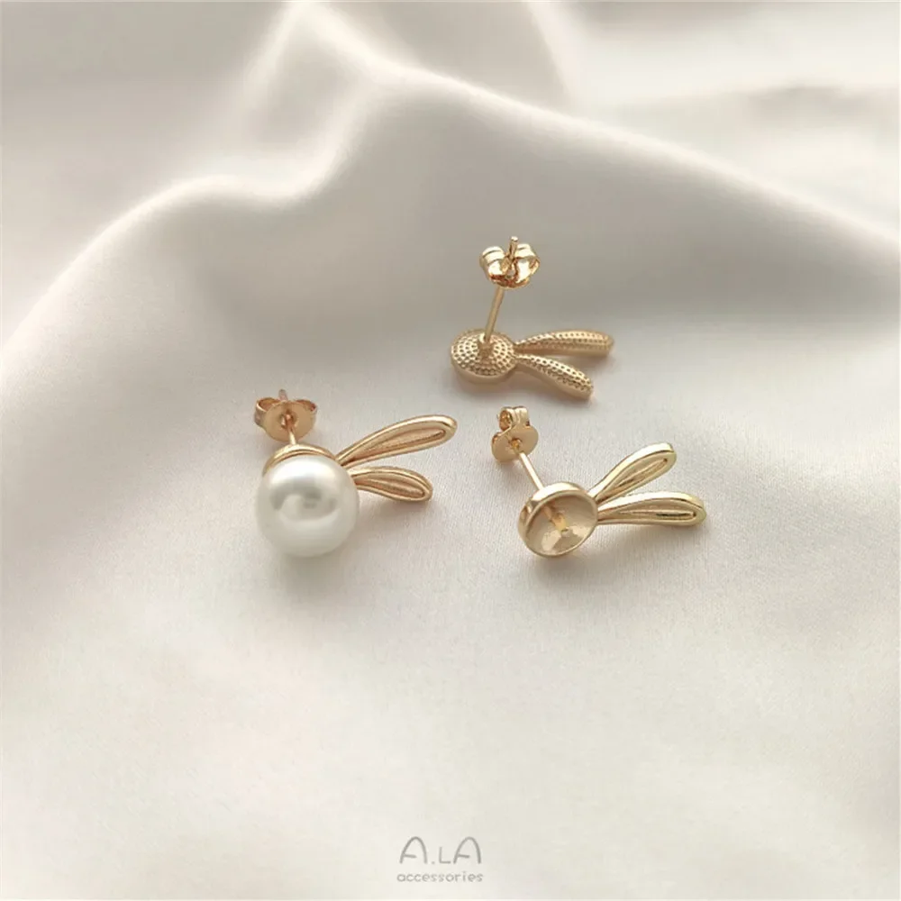 

14K Gold Wrapped Half Hole Pearl Holder Ear Studs Rabbit Ears 925 Silver Needle DIY Adhesive Bead Ear Jewelry Accessories