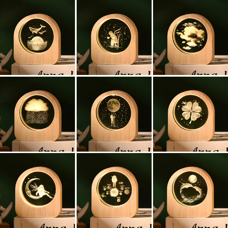 50Pcs Led 3D Wood Base With Crystal Ball Night Lamp USB Glass Planetary Globe Projections Decoration Gift Souvenirs