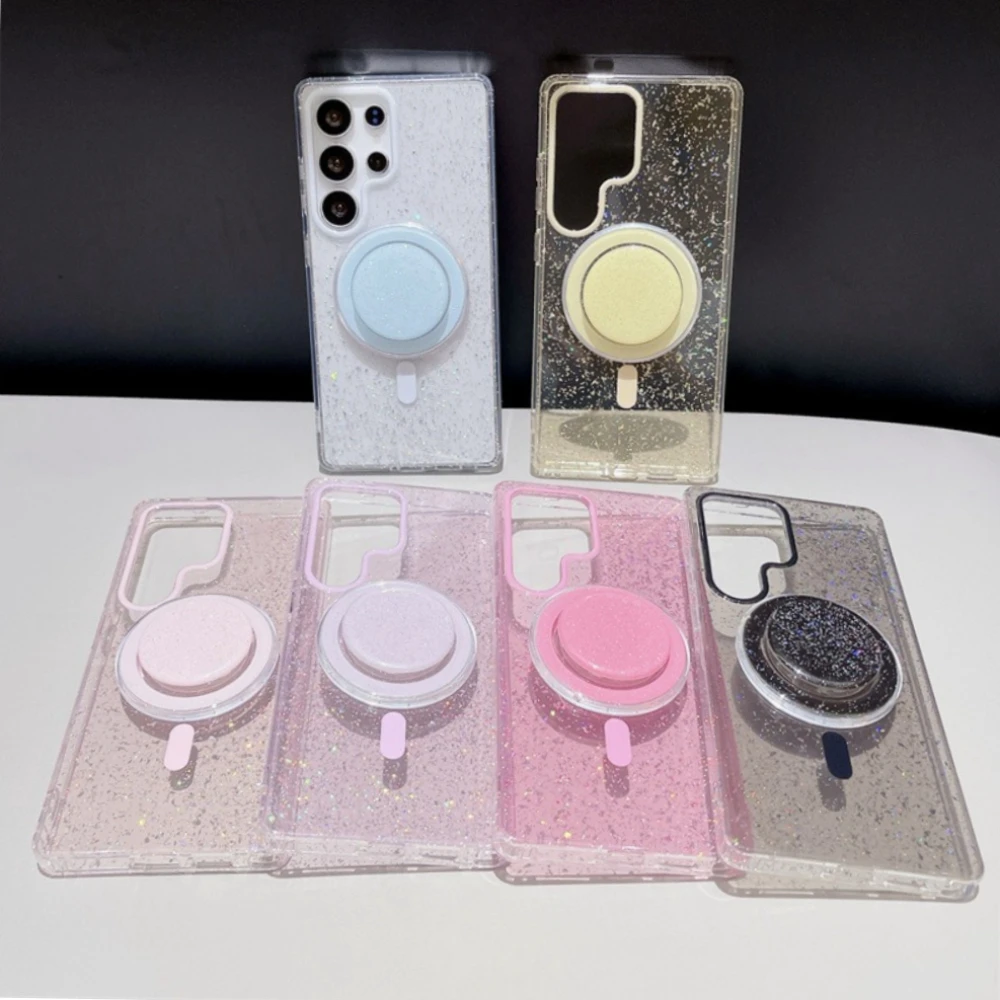 

Чехол для Samsung Galaxy S25 S24 S23 Plus FE Ultra с поддержкой MagSafe, магнитный, милый, в цветах конфет, с блестками, с подставкой, прозрачный, защитный