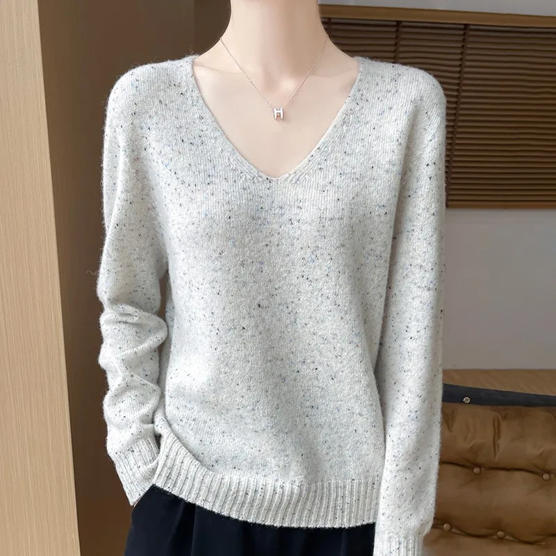 100% Merino wool autumn-winter new women's sweater V-neck jumper Fashion light luxury line ready-to-wear warm bottom knit shirt