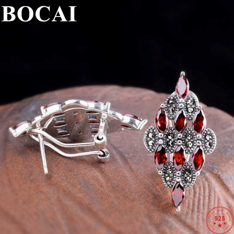 

BOCAI S925 стерлингового серебра серьги-клипсы для женщин креативный полый узор гранат микро марказит зажимы для ушей ювелирные изделия оптом
