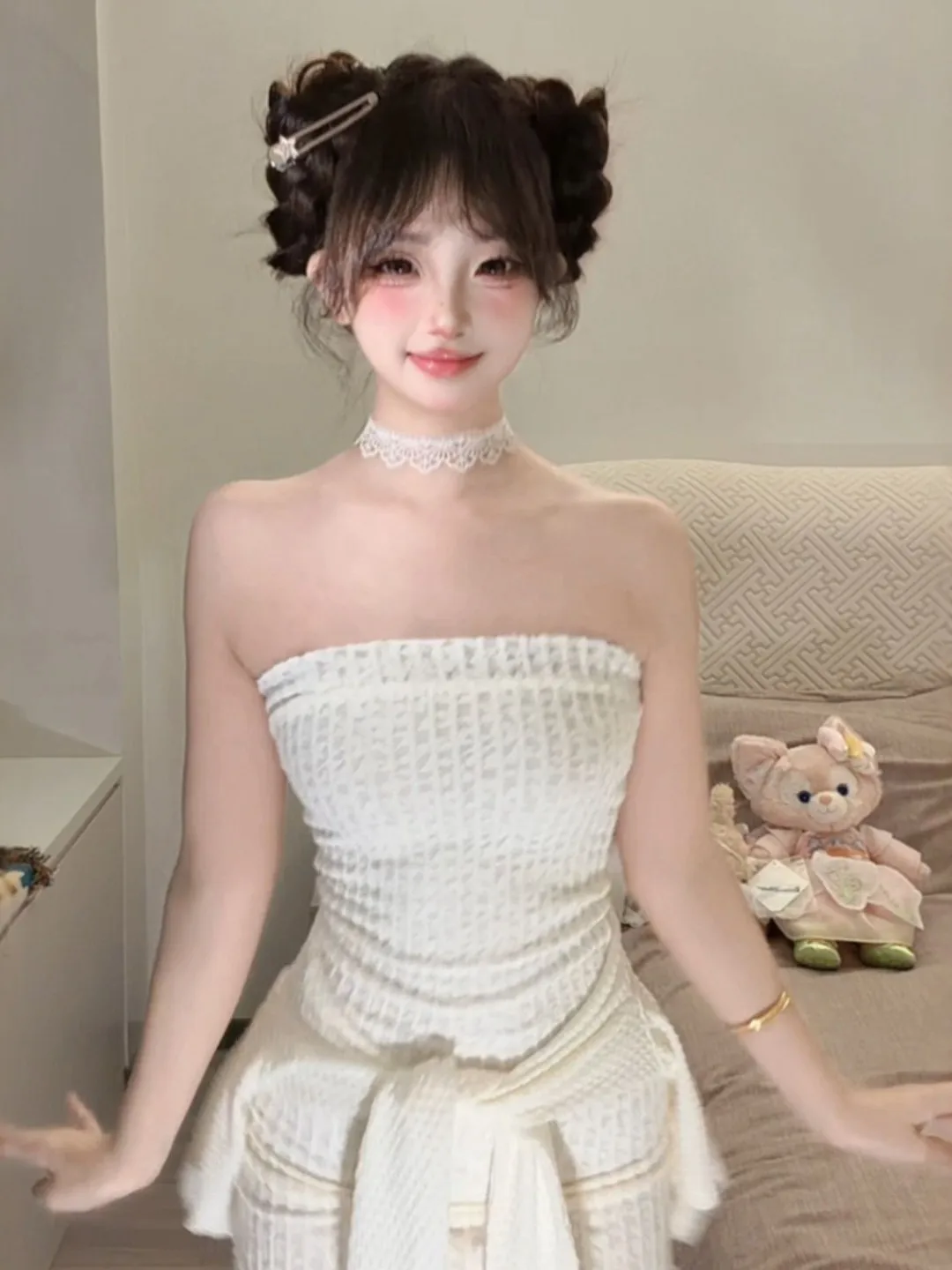 

Sexy Knitted Cardigan And Tube Dress Two-Piece Set Pure Desire Style Spring Fashion Ensemble Short Sleeve Comfortable Cotton