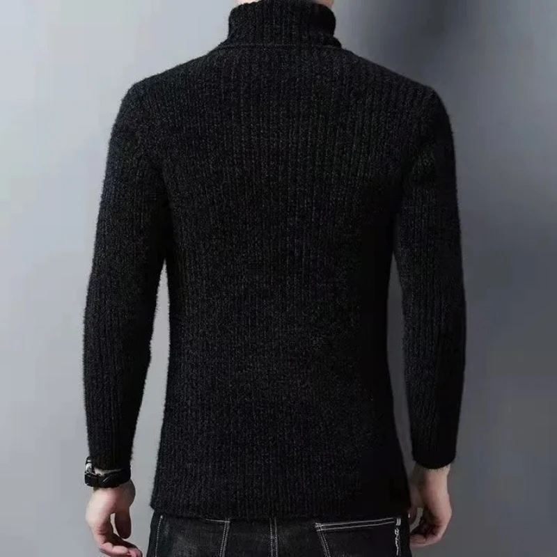 Autumn Winter High Neck Sweater Middle-aged Trend Fashion Men's Clothing Thick Knit Casual Slim Fit Warm Mink Fur Base Chic Tops