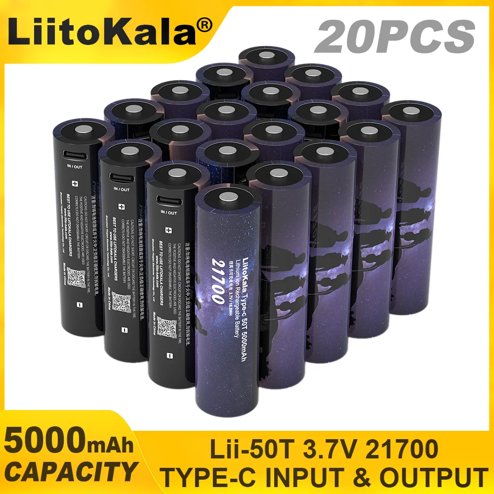 20PCS Original Liitokala Type-c 50T 21700 Multi-function Lithium Battery 3.7V 5000mAh Type-c input And Output 5V Output.