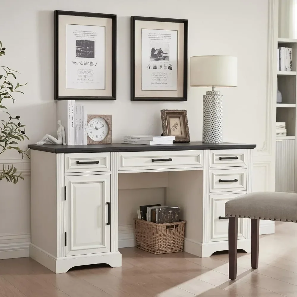 

#For Farmhouse 58" Executive Desk, Computer Desk with Drawers and Storage Cabinet, Workstation for Office Home, Off White