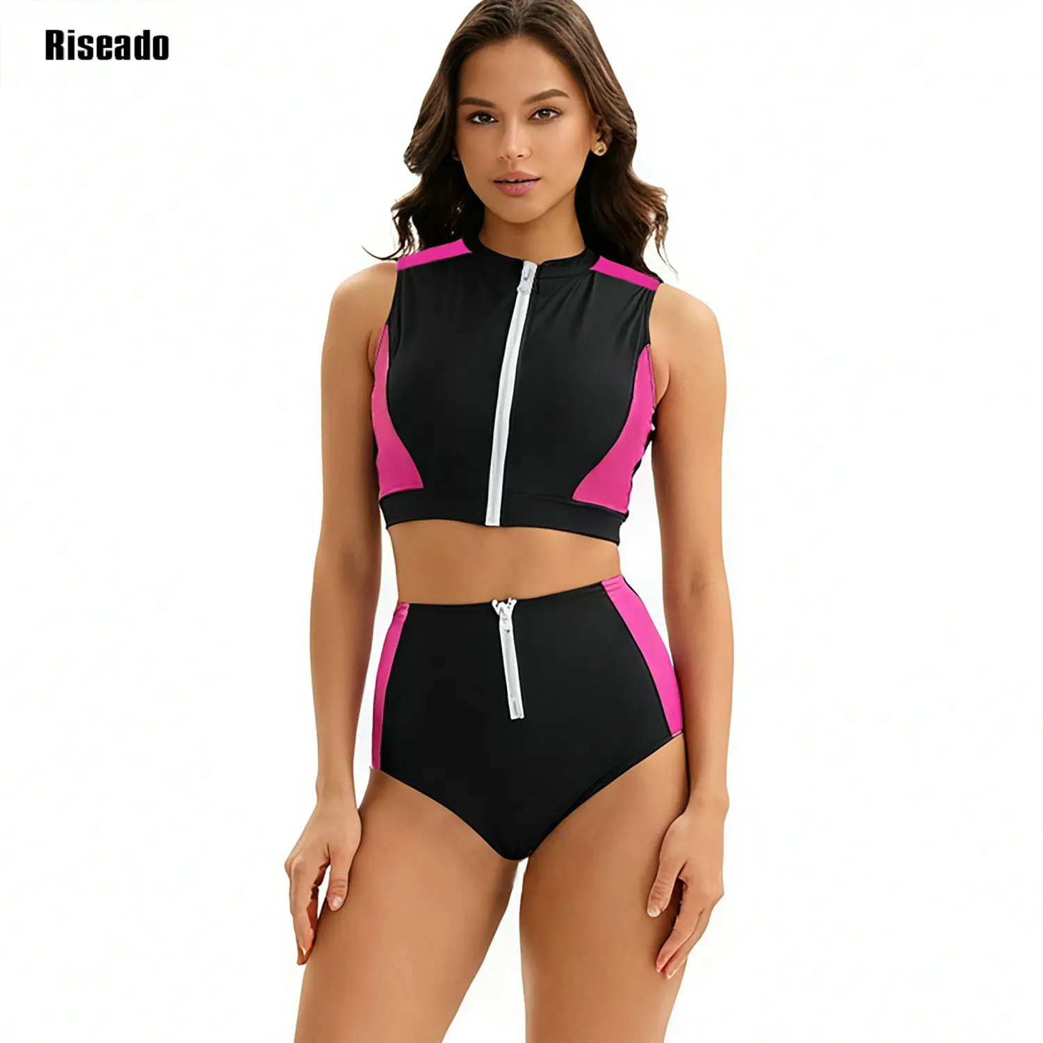 FemaleTwo Pieces Crop Top Bikini Sets Color Block Zip Front Summer Push Up Swimsuit Bathing Suits High Waist Tankini