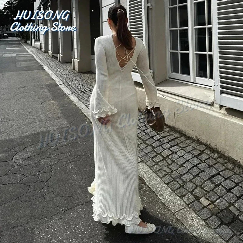 Flare Sleeve Round Neck White Maxi Dress Women 2024 Autumn Fashion Lace Up Elegant Long Dresses Female High Street Beach Robes