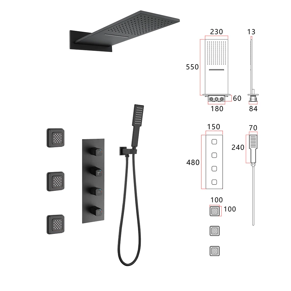 Black Embedded Wall-Mounted Shower Set, Hot and Cold Rotary Switch, with Wall Spray, with Rain Shower, Made of Solid Brass Mater