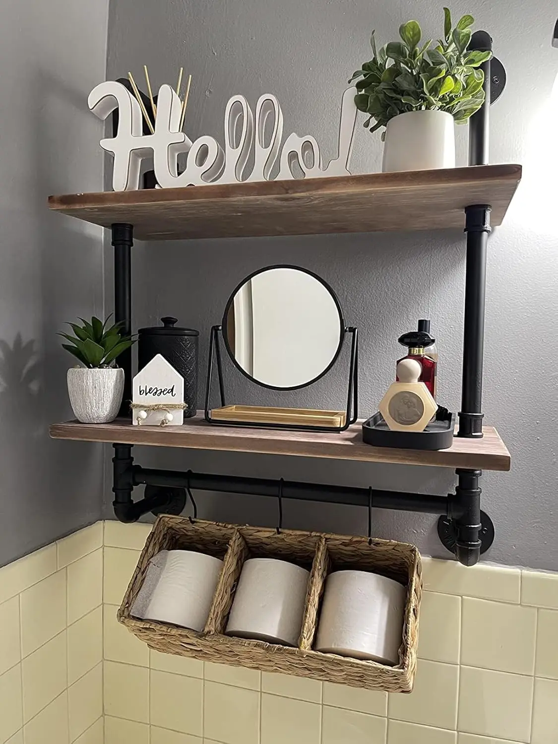

Industrial Pipe Shelf with Towel Bar for Bathroom, Rustic Wall Mounted Floating Shelves, 19.7 Inch Solid Wood