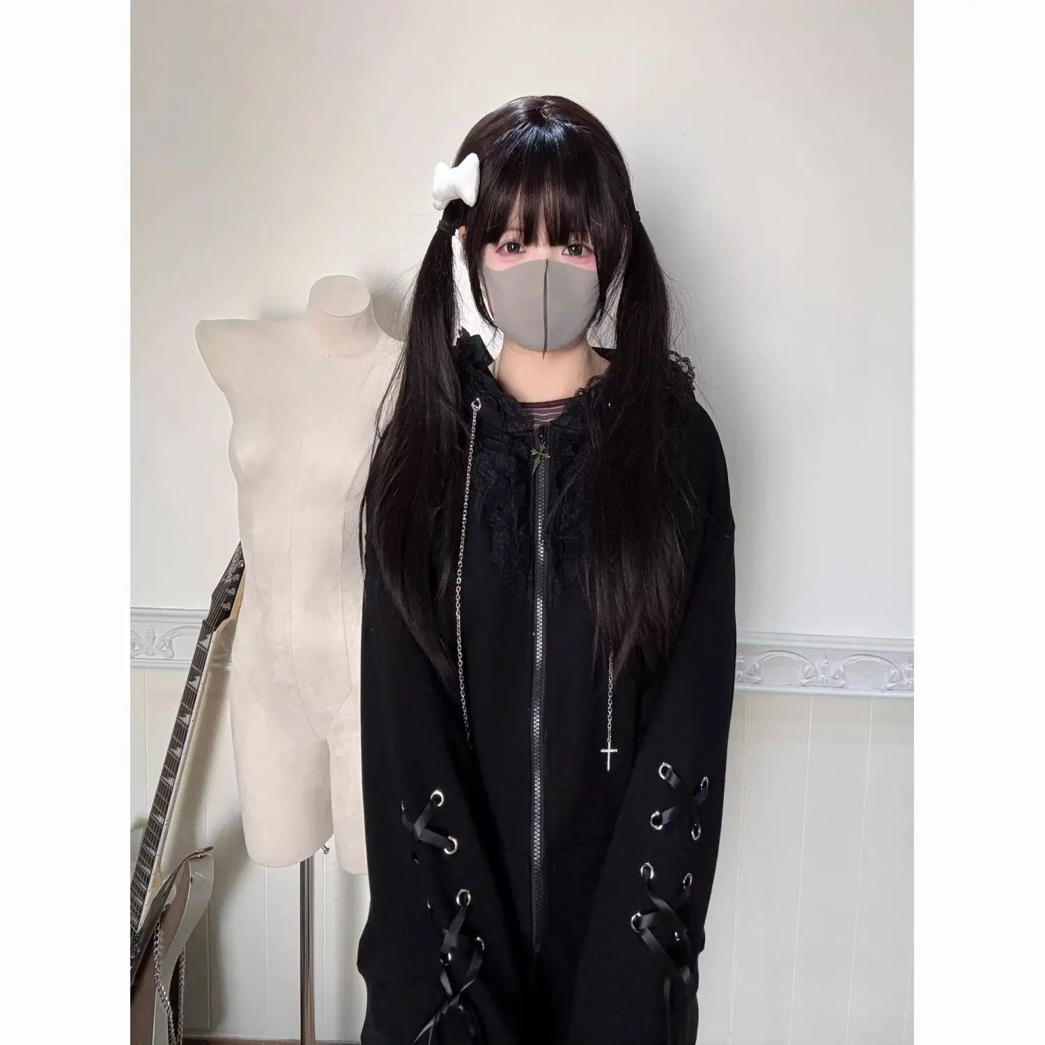 Gothic Subculture Black Lace Loose Hoodie Women's Autumn Aesthetic Lovely Long Sleeve Hooded Coat Casual Warm Winter Overcoat