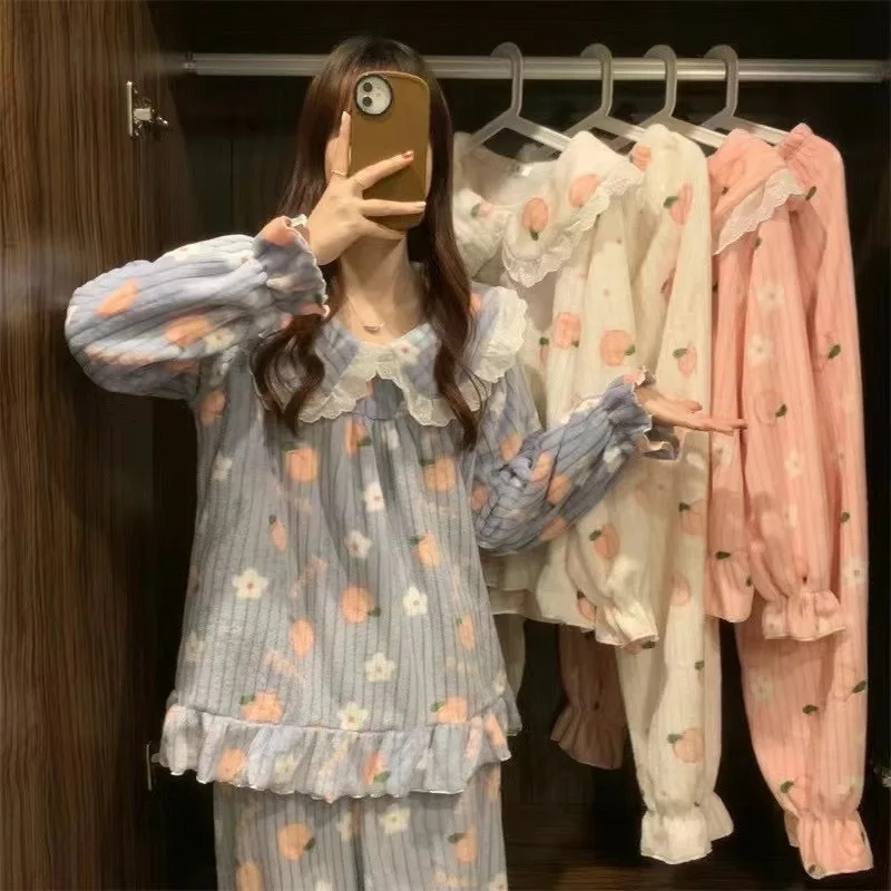 Cartoon Women Pyjamas Warm Flannel Sleepwear Pajama Sets Girl Pijama Set Suit Pant Home Korean Peach Sleep Lace Sleepwear