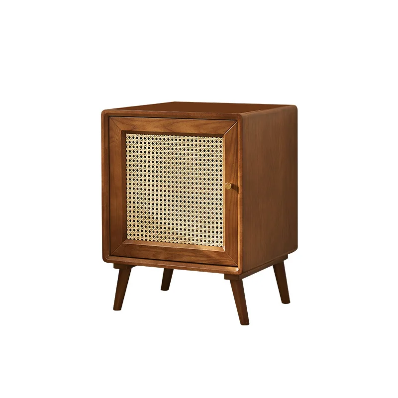 Factory Direct 2026 Wabi Sandy Wind Solid Wood Rattan Bedside Cabinet Small Cabinet Homestay Furniture Retro Style Bedroom Simpl