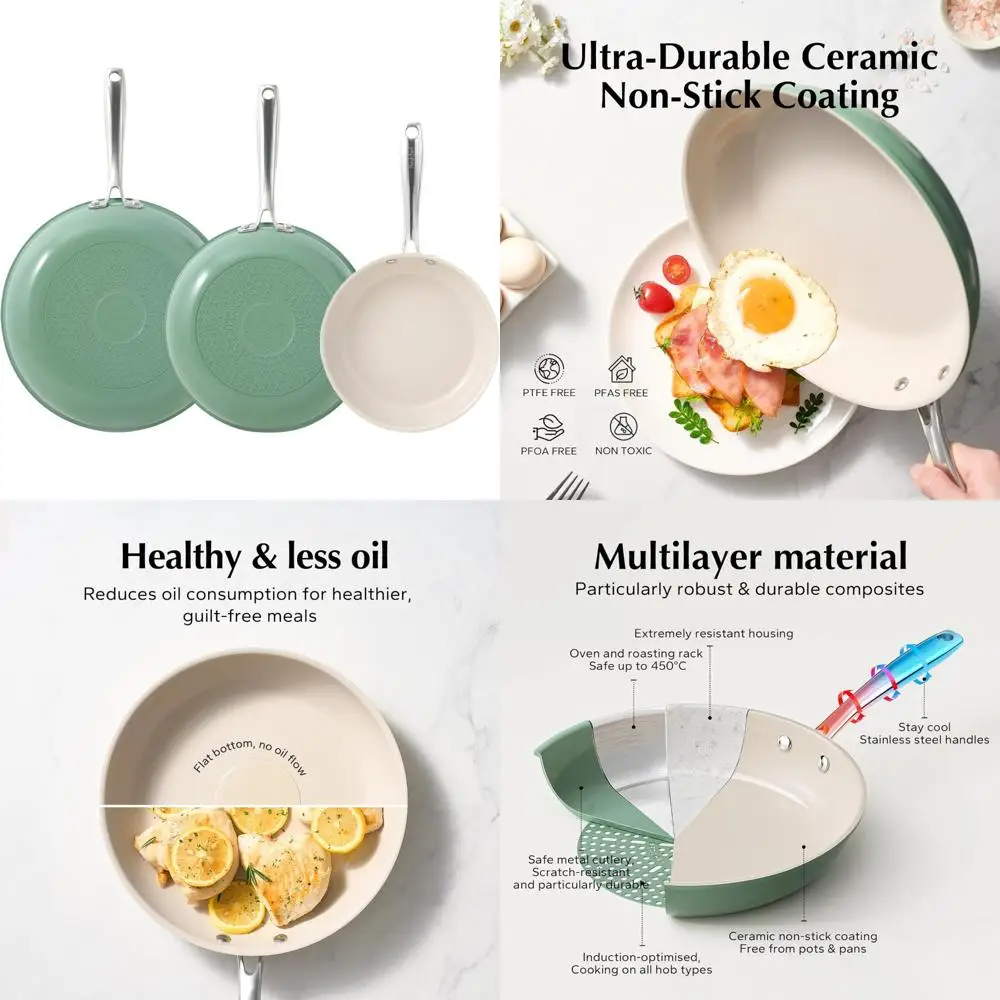 

Набор керамических сковородок с антипригарным покрытием, безопасные сковороды, сковороды 8, 9,5 и 11 дюймов, PFAS, PTFE и PFOA, подходят для всех S