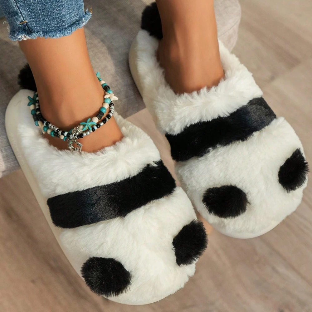 Women's Autumn Winter Indoor Cute Cartoon Panda Plush Anti-slip Fashionable Casual Warm Slippers Home Shoes