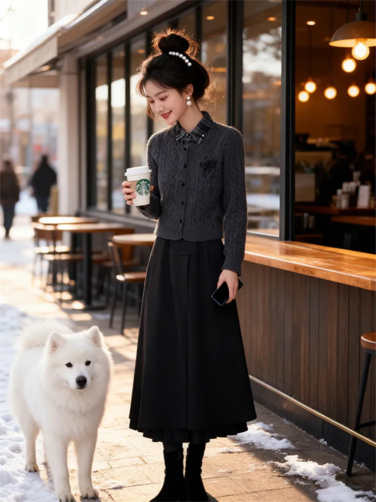 

Осенне-зимний женский шикарный вязаный комплект: брюки-палаццо и юбка, комплект из двух предметов, дышащий, средней толщины, с воротником