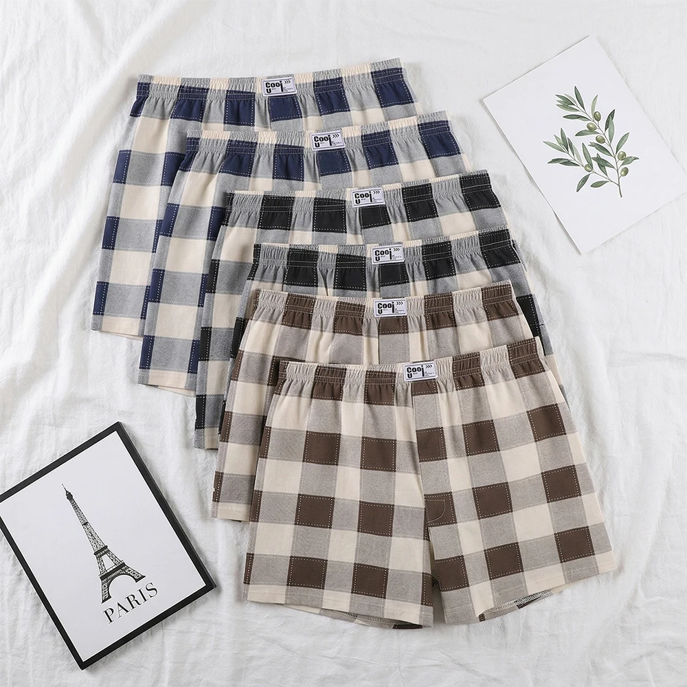 

6PCS/Pack Trendy Knit Big Plaid Men's Panties 95% Cotton Super Soft Breathable Underwear Casual Loose High Elastic Boxers Shorts