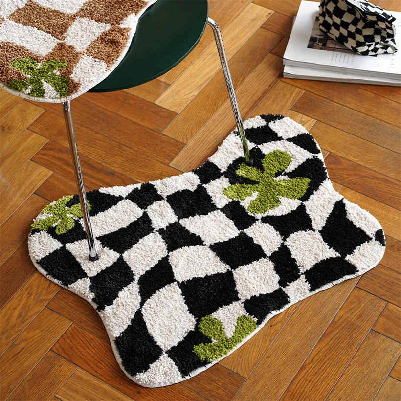 

29/5000 Checkerboard Flocking Carpet Household, Bedside Mat, Absorbent, Non-slip, Alien, Bedroom, Bathroom