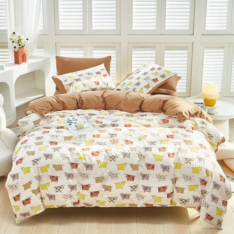 New Printed Quilt Set Skin Friendly Comfort Small Fresh Washing Cotton Four-piece Set  Duvet Cover 200x230 220x240 Bedding