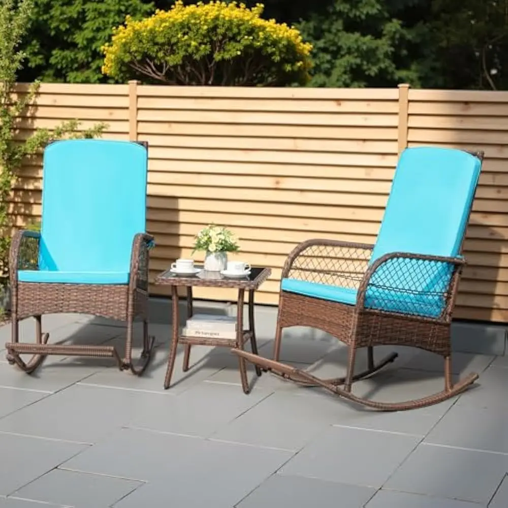 

3 Piece Outdoor Wicker Rocking Chairs Patio Furniture Set with Glass Coffee Table for Garden Backyard Porch Poolside
