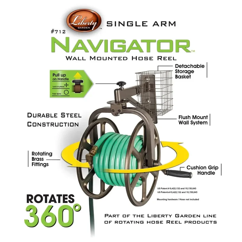 712 Single Arm Navigation Multi-Directional Garden Hose Reel Holds 125 Feet, 5/8 Inch