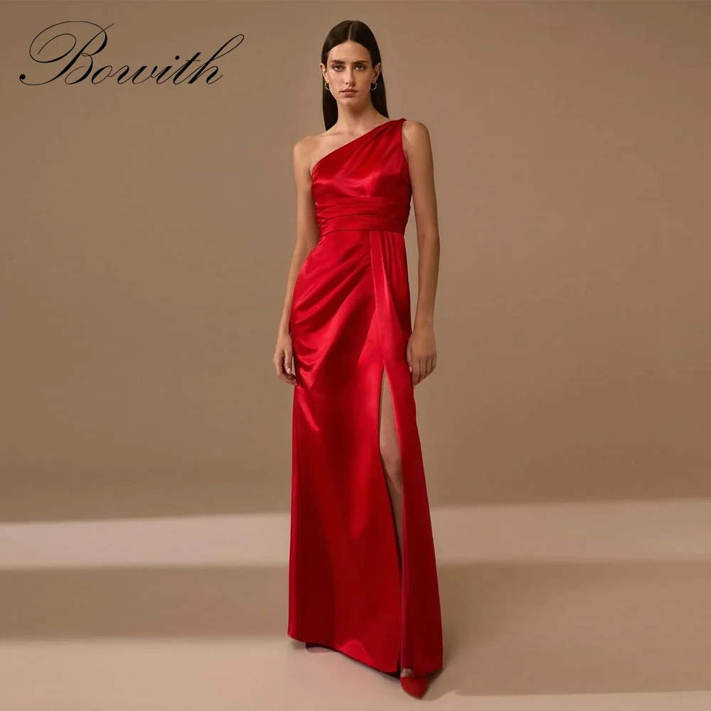 

Bowith One-Shoulder Elegant Evening Dresses Red Side High Slit Long Prom Dresses 2025 Simple Soft Satin Party Dresses