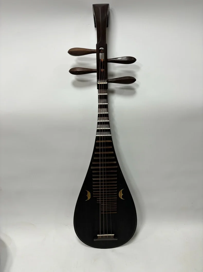 Wenge Wood Pipa with Crescent Pattern Panel, 4 Strings Chinese Lute Traditional Stringed Musical Instrument