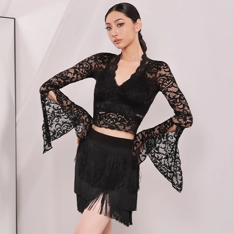 

2024 New Latin Dance Clothes Women Black Lace Tops Tassel Skirt Cha Cha Rumba Dance Performance Costume Practice Wear BL13419