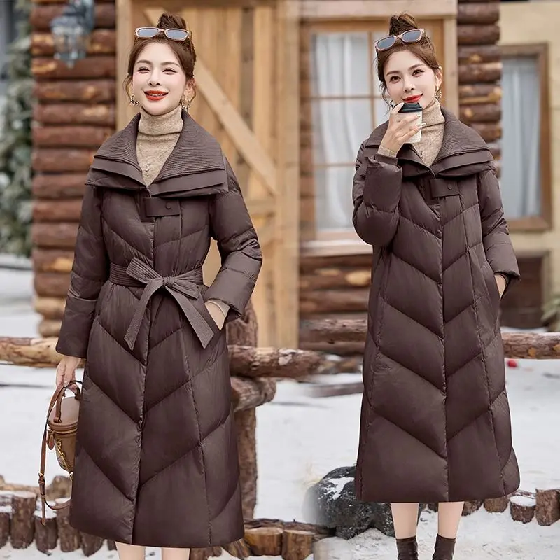 

Winter New Mid-Length Down Coat Women‘s Double Collar Belted Loose Fit Slimming Warm Waist Tied Knee Length Parka Coat