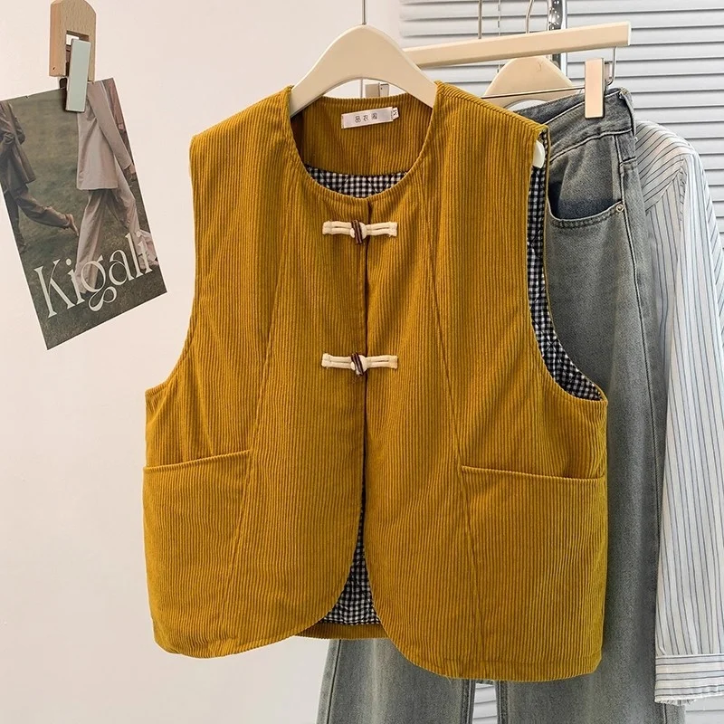 

Women's Corduroy Jacket, Vintage Autumn Winter Coat with Sleeveless Vest, Chinese Style Top, Loose Casual Versatile W1840