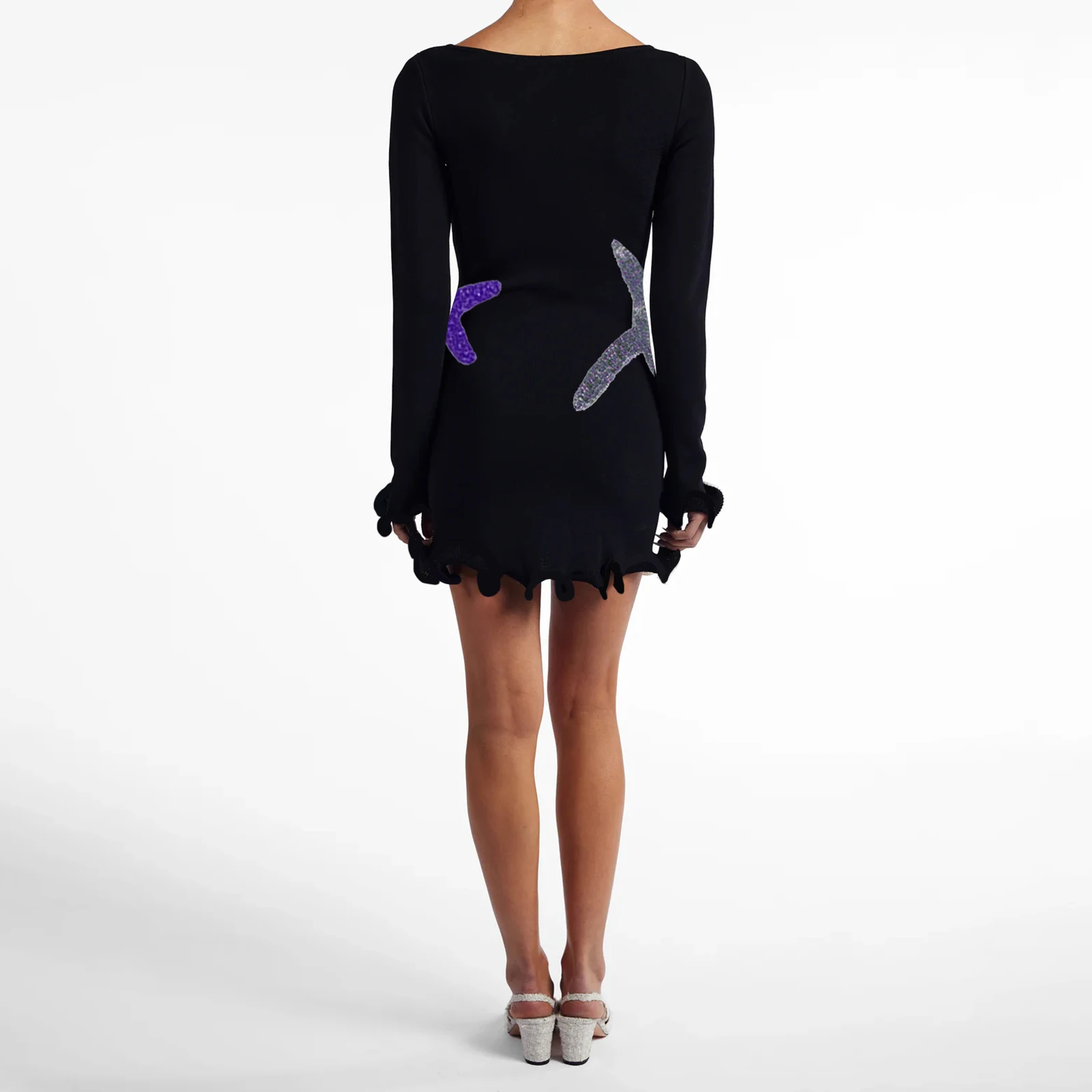 Women's Long Sleeve Mini Dress Square Neck Glitter Starfish Ruffled Hem Bodycon Dress Casual Work Dress