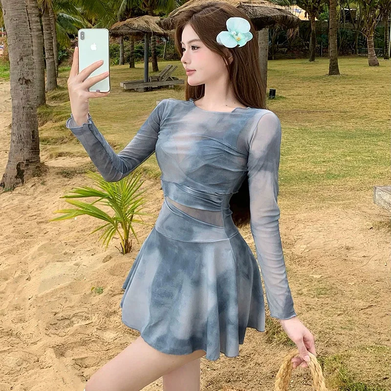 

sexy tie dye print swimsuit two pieces cross perspective mini dress culottes bikinis with long sleeve mesh tops cover smock