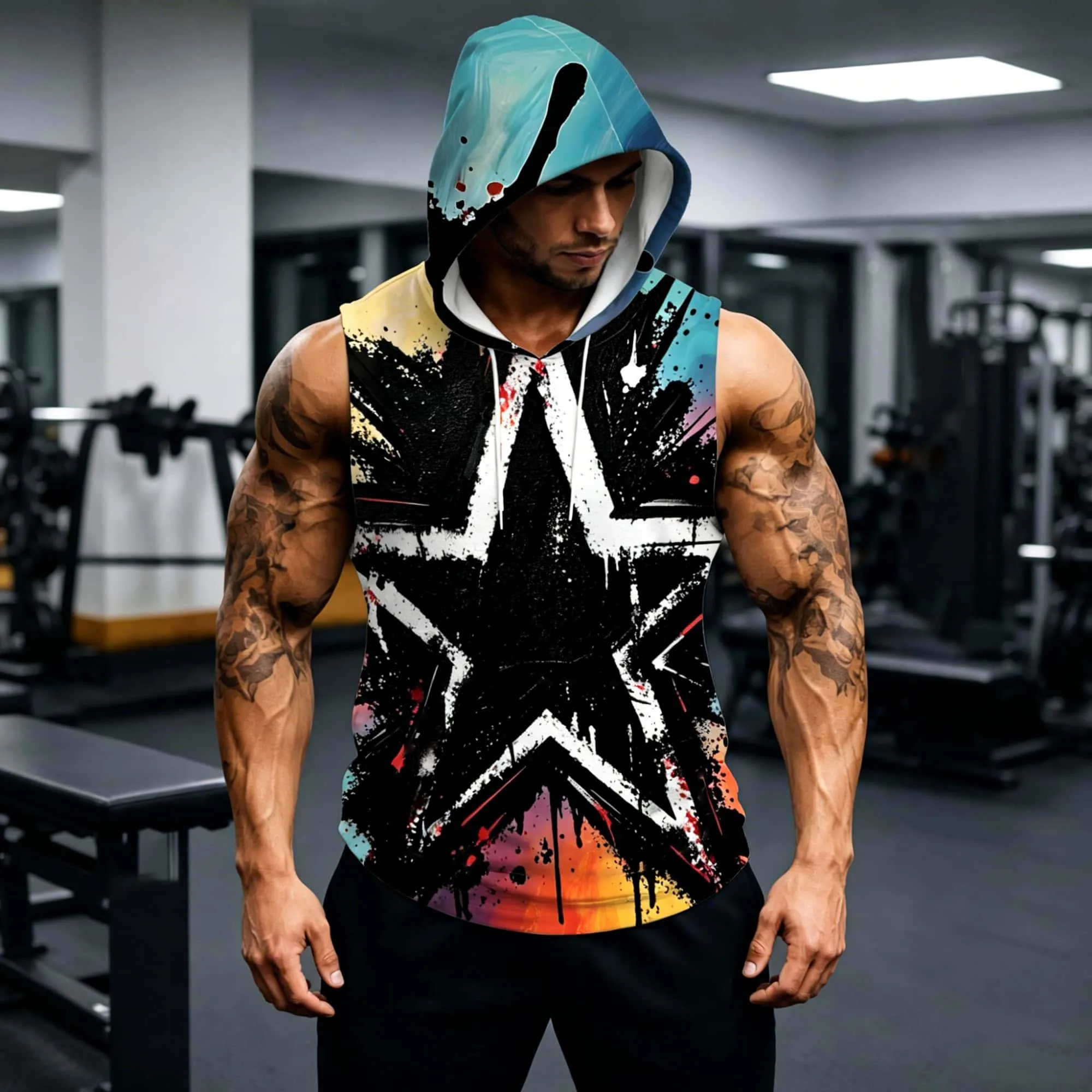 Men Distressed Splash Ink Star Sleeveless Hooded Tank Top Quick Dry Gym Muscle Vest Gradient Hood Street Fitness Sleeveless Tee