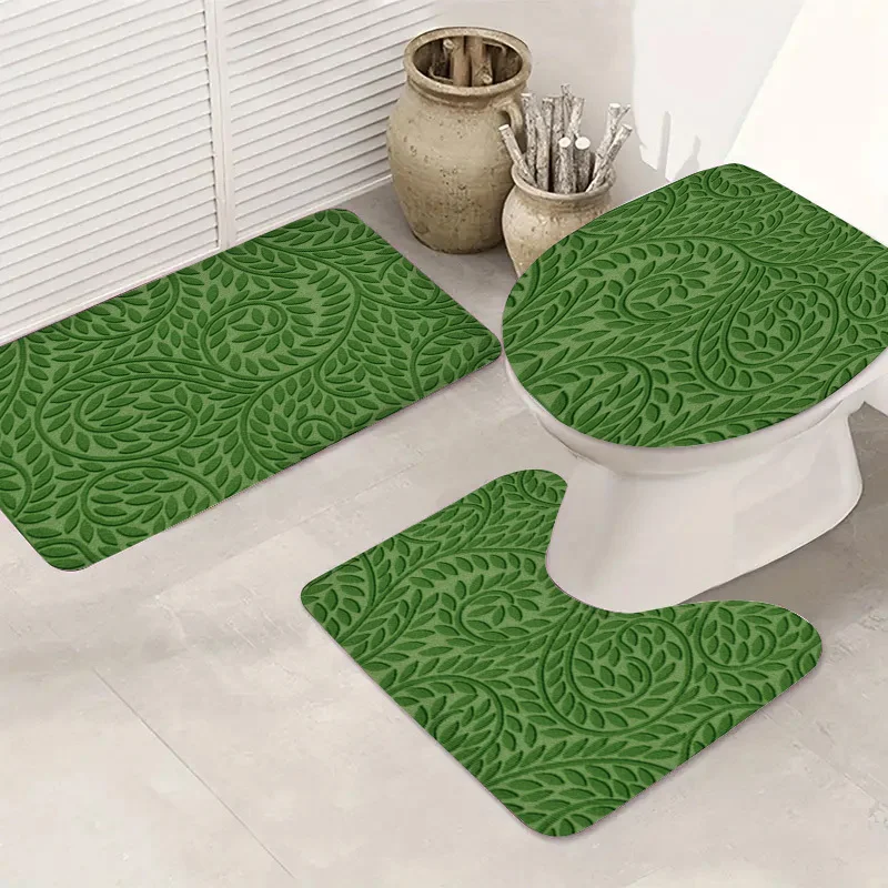 

3PCS Green Leaf Pattern Bathroom Set Non Slip Toilet Lid Cover Floor Mat U Shaped Rug Home Decor