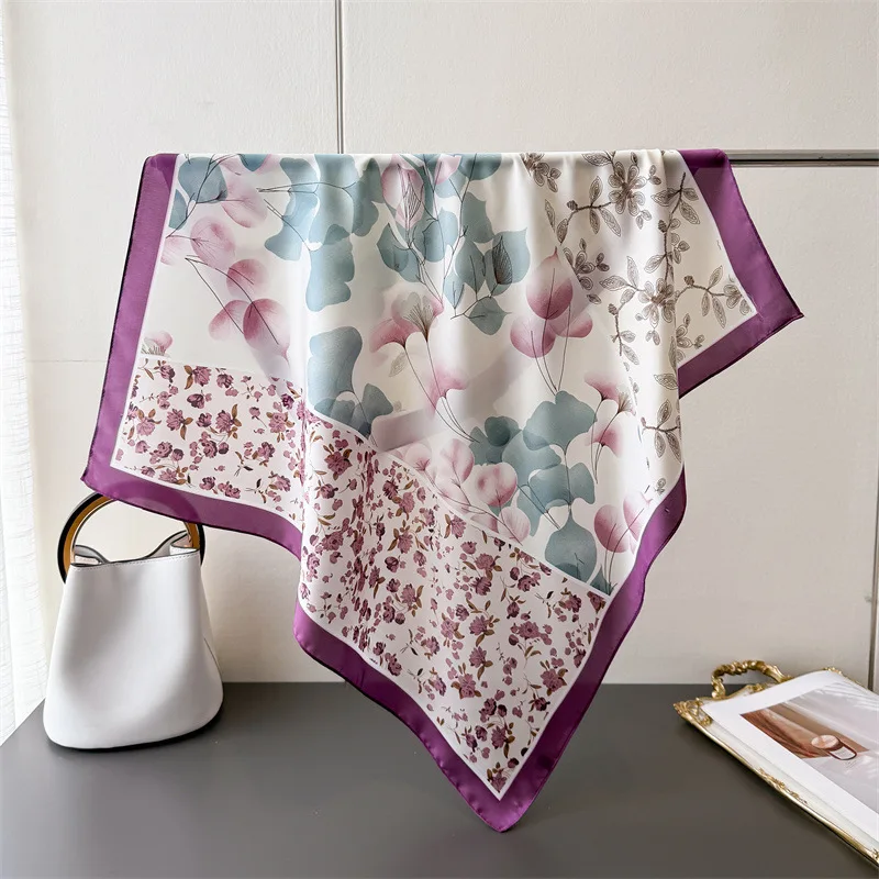 

Purple Flowe Luxury Printed Silk Scarves Women Scarf Floral Decorations Small Neckties Hairbands Bags Satin Bandana