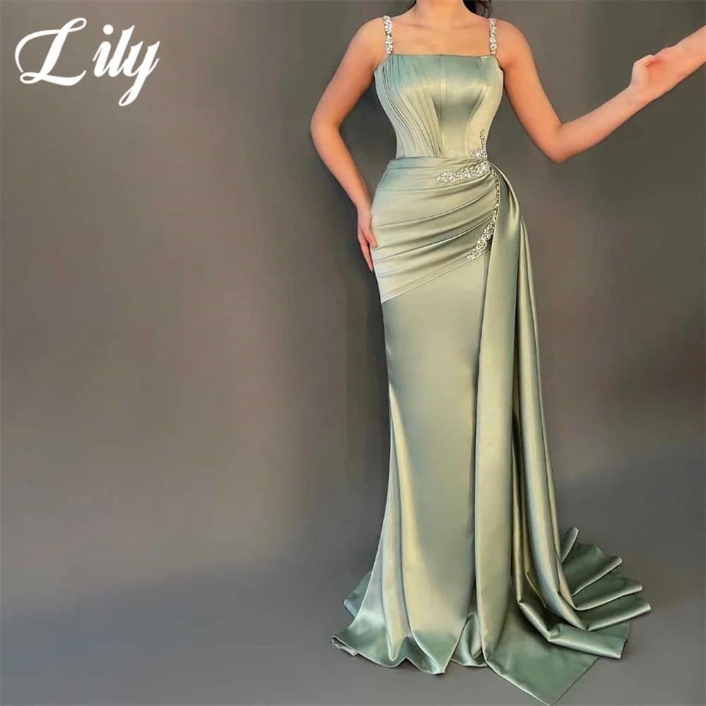 Lily menta verde mujer vestido de noche trompeta Sexy plisado Spaghetti Strap vestido de noche con cristal personalizado batas de velada