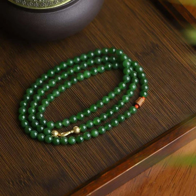 

Natural Hotan Bead Chain, Russian Jade, Old Material, Spinach Green, 108 Beads, Multi-use Style