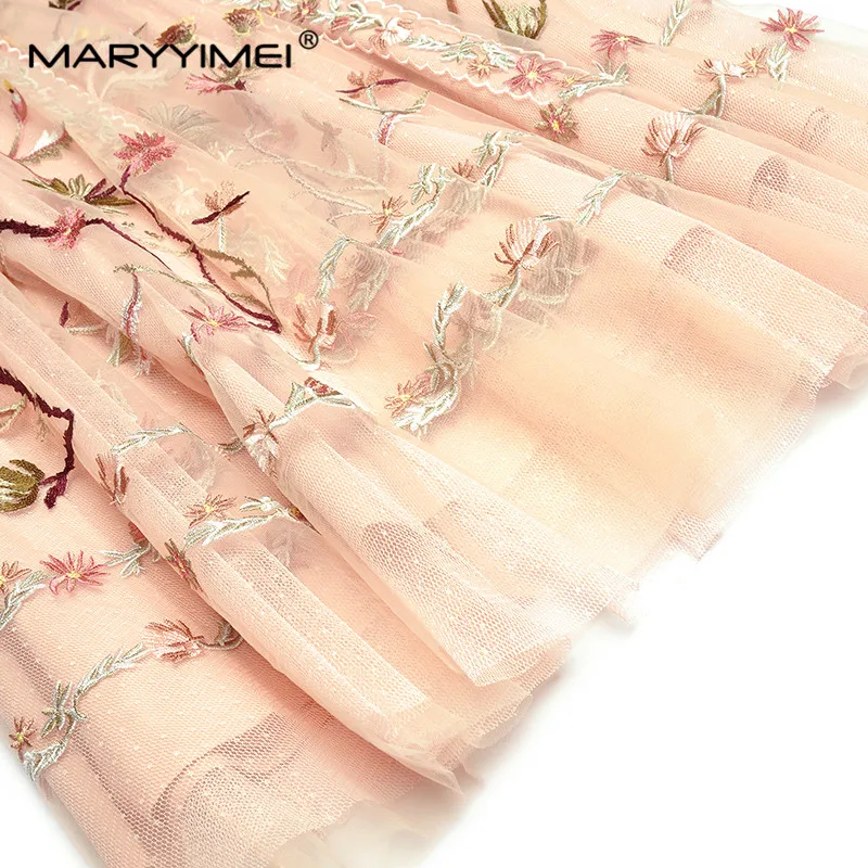 MARYYIMEI Fashion Designer dress Summer Women\'s Dress Short Sleeve Mesh Flowers Embroidery Vintage Elegant Dresses