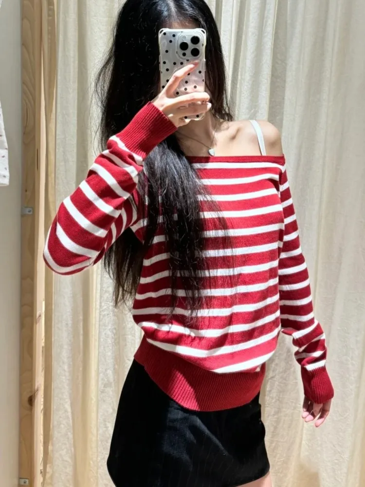 

Red Striped Knit Sweater Women Autumn Streetwear Slash Neck Long Sleeve Pullovers Preppy Style New Sweet Casual Chic Jumpers Y2K