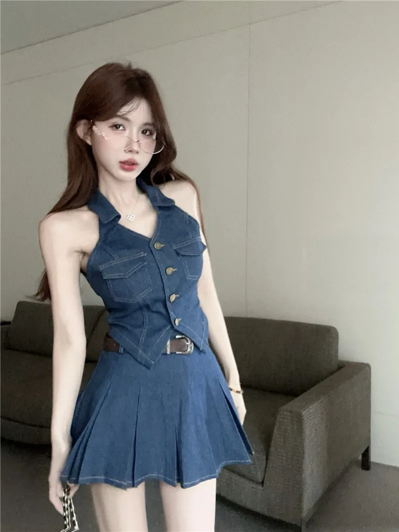 

High Waist Slimming Denim Design Top And Skirt Set Women's Faion Summer 2024 Trendy Ensemble Casual Chic Outfit Combo