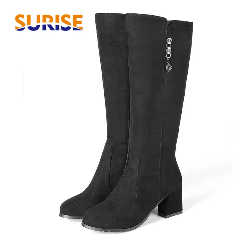 2023 Winter Women Knee High Boots Black Flock 6cm Square Heels Casual Office Lady Round Toe Warm Plush Crystal Zipper Long Boots