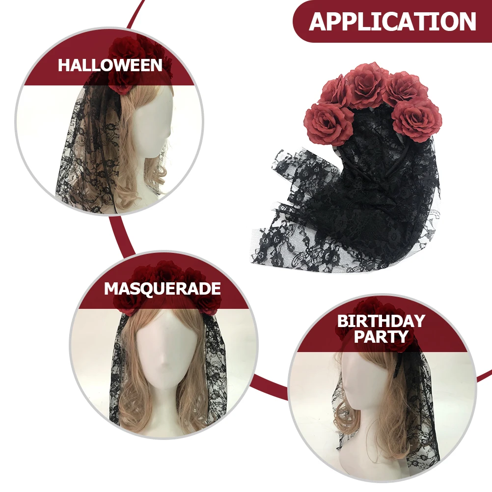 Fascia per capelli con velo in pizzo nero e rose rosse, accessorio romantico per Halloween e cosplay, corona floreale per feste e cosplay