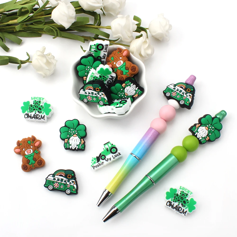 5/10pcs St. Patrick\'s Day Clover Silicone Beads Fashionable Leaf Design Focal BeadsVFor DIY Pens Lanyards Keychains Decorations