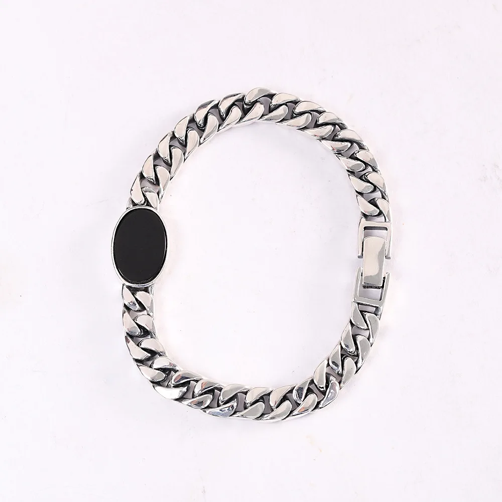 HX Silver Color High-end European and American Trendy Men\'s Inlaid Black Stone Bracelet Simple Fashion Jewelry